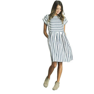 Clad & Cloth XS STRIPED BIB Dress Womens Blue Denim Cream Short Sleeve Cotton